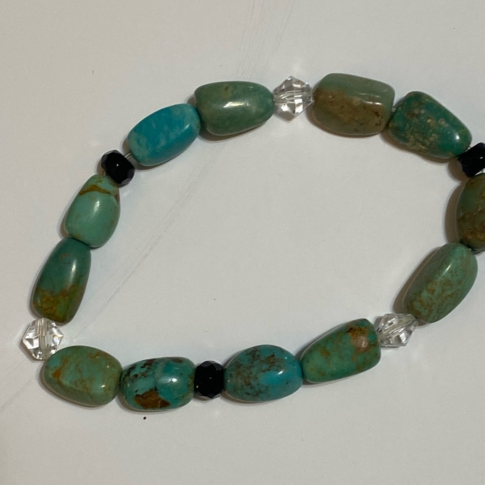 Turquoise and Black and Clear Crystal  Beaded Bracelet